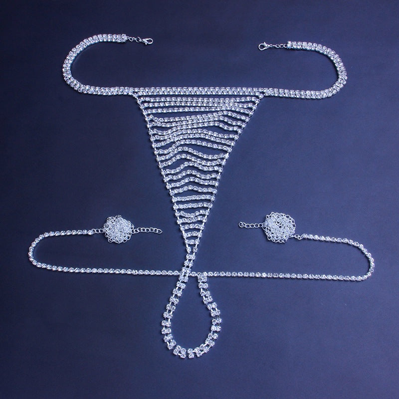 Silver Alloy Body Chain For Women With Geometric Tassel Design And Rhinestone Inlay