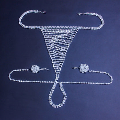 Silver Alloy Body Chain For Women With Geometric Tassel Design And Rhinestone Inlay