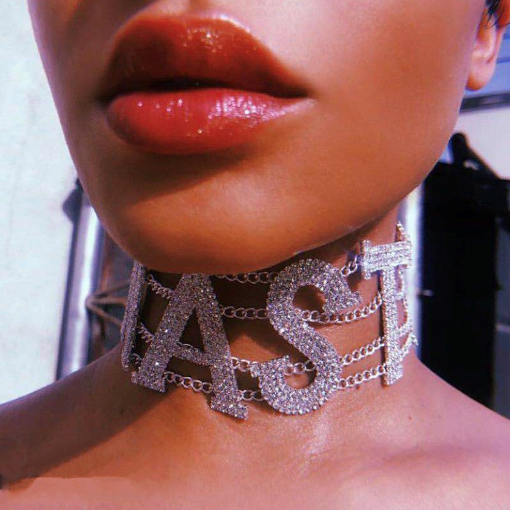 Bohemian Gold Letter Claw Setting Choker Necklace With Rhinestones, Unisex Design