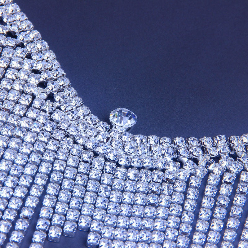 Silver Alloy Body Chain For Women With Geometric Tassel Design And Rhinestone Inlay