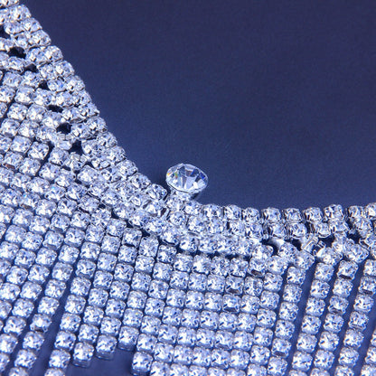 Silver Alloy Body Chain For Women With Geometric Tassel Design And Rhinestone Inlay