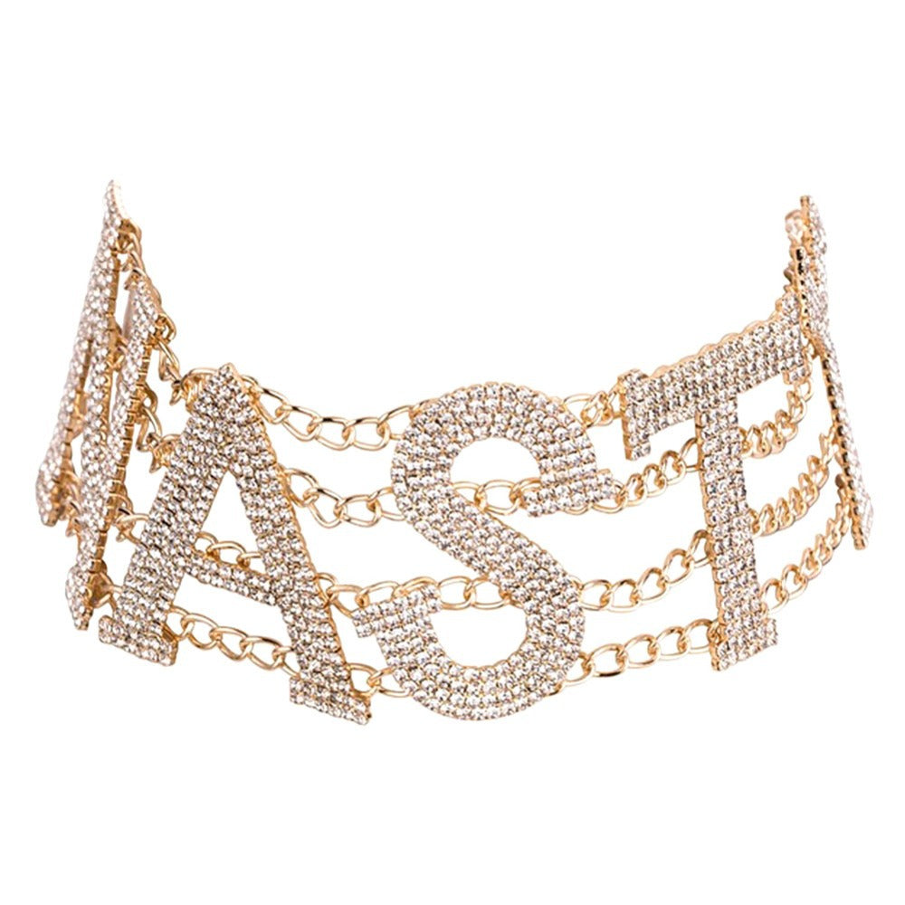 Bohemian Gold Letter Claw Setting Choker Necklace With Rhinestones, Unisex Design