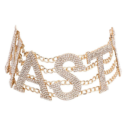 Bohemian Gold Letter Claw Setting Choker Necklace With Rhinestones, Unisex Design