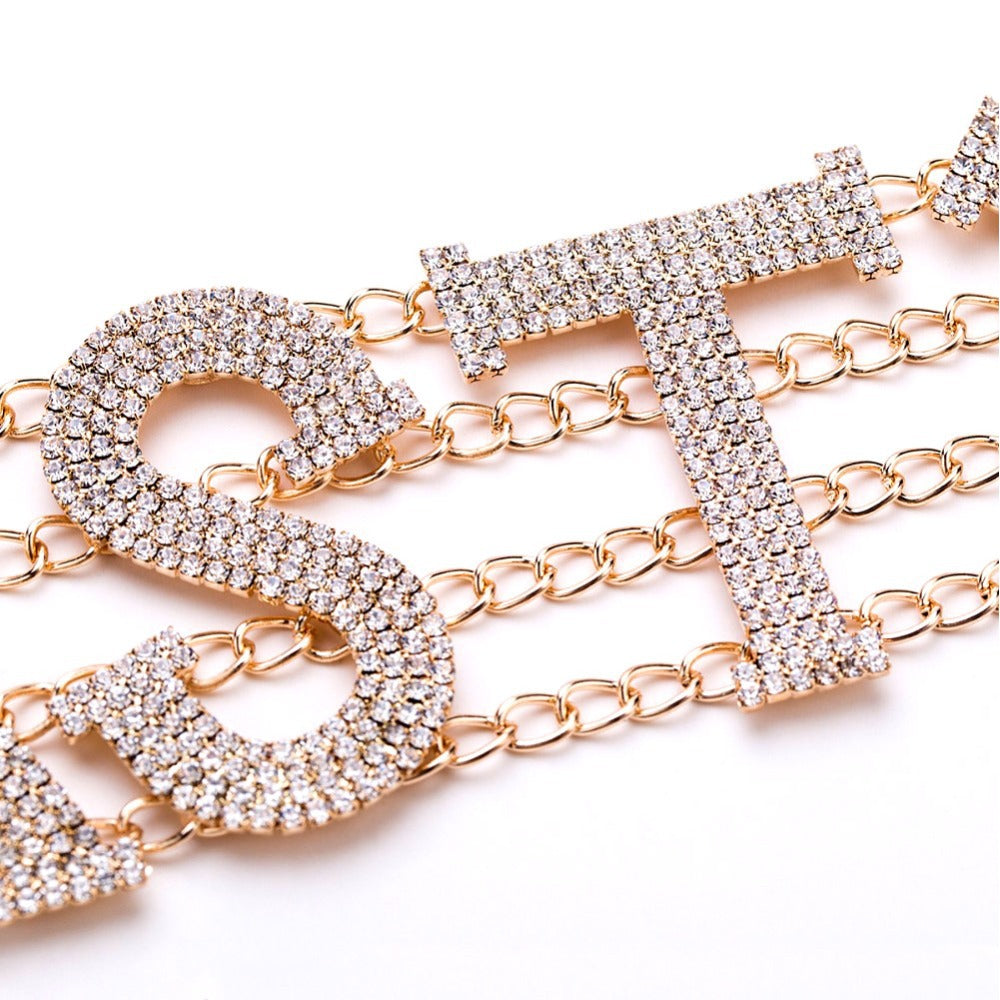 Bohemian Gold Letter Claw Setting Choker Necklace With Rhinestones, Unisex Design