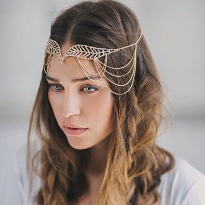 Leaf Hair Chain Insert Comb In Silver Alloy With Rhinestone Inlay For Elegant Hair Styling