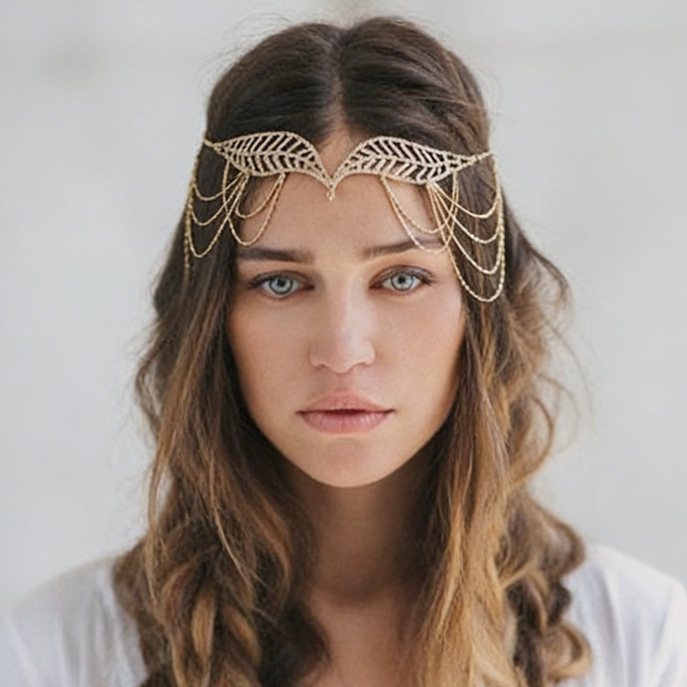Leaf Hair Chain Insert Comb In Silver Alloy With Rhinestone Inlay For Elegant Hair Styling