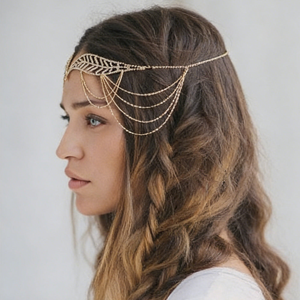Leaf Hair Chain Insert Comb In Silver Alloy With Rhinestone Inlay For Elegant Hair Styling