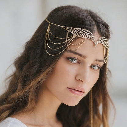 Leaf Hair Chain Insert Comb In Silver Alloy With Rhinestone Inlay For Elegant Hair Styling