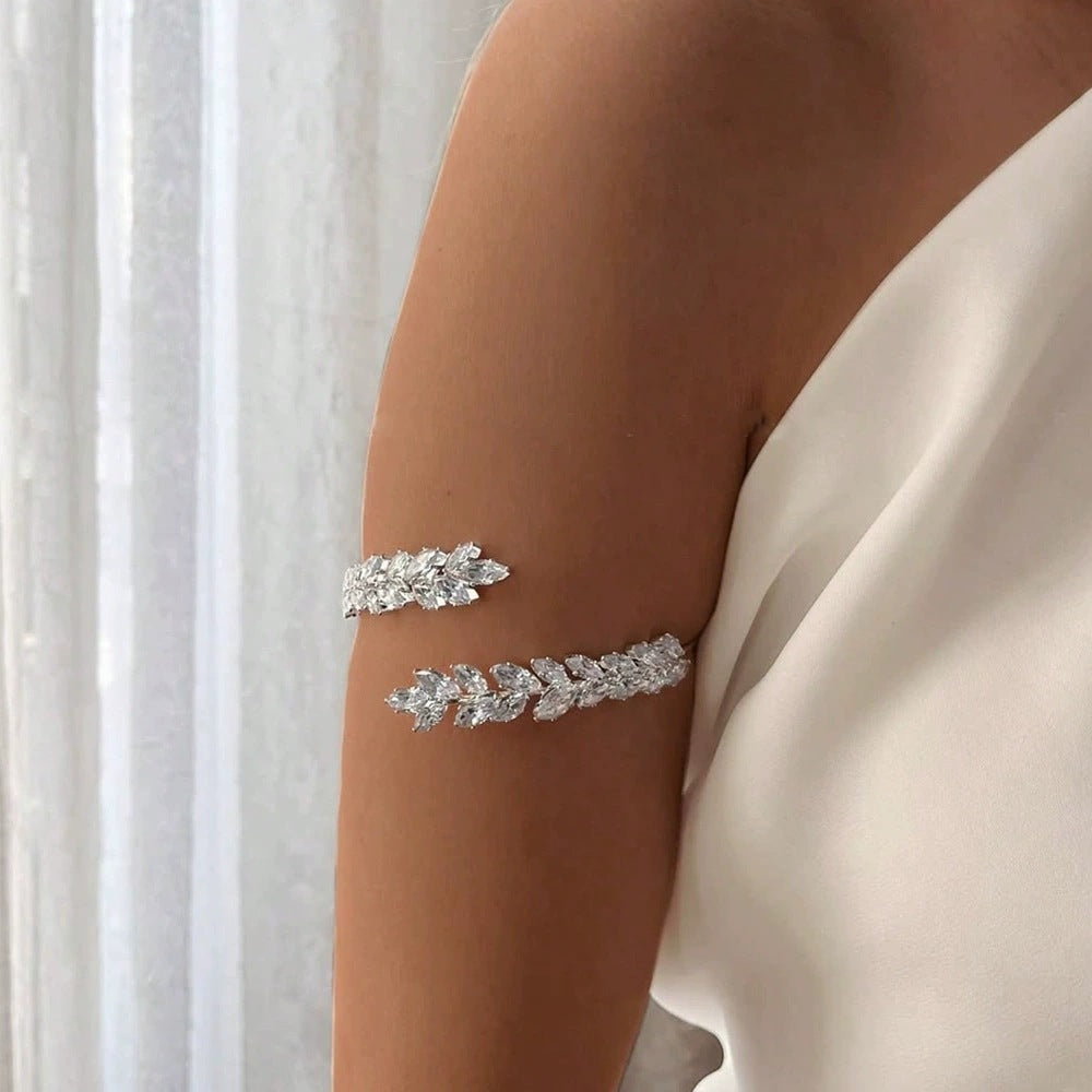 Sparkly Silver Alloy Arm Cuff For Women With Zircon Inlay, Electroplated Finish Bangle