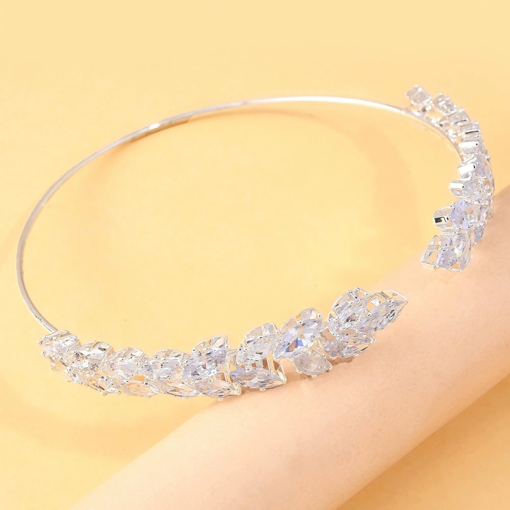 Sparkly Silver Alloy Arm Cuff For Women With Zircon Inlay, Electroplated Finish Bangle