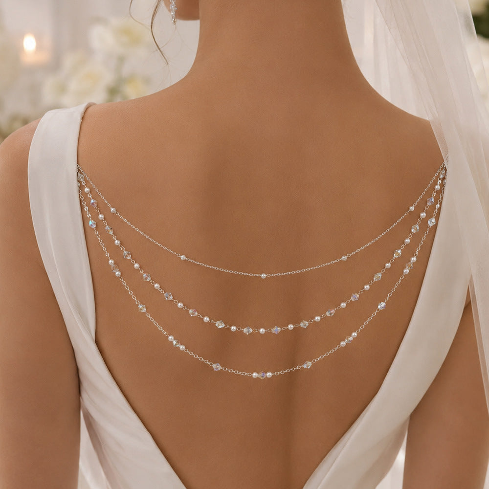 Silver Alloy Body Chain For Women Featuring Pearl Pattern And Electroplated Finish With White Crystal Inlay