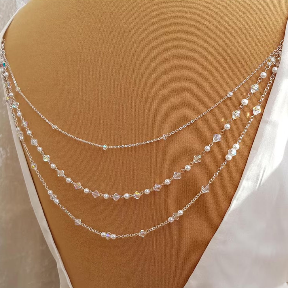 Silver Alloy Body Chain For Women Featuring Pearl Pattern And Electroplated Finish With White Crystal Inlay