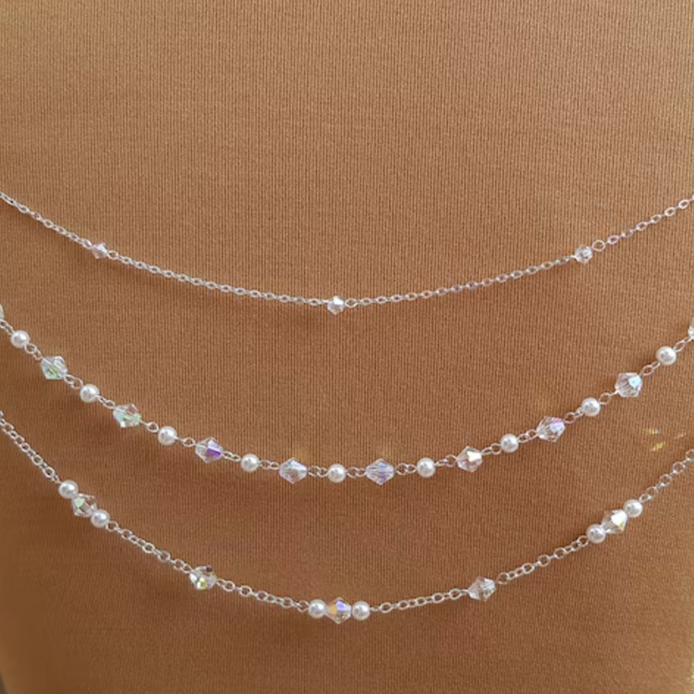 Silver Alloy Body Chain For Women Featuring Pearl Pattern And Electroplated Finish With White Crystal Inlay