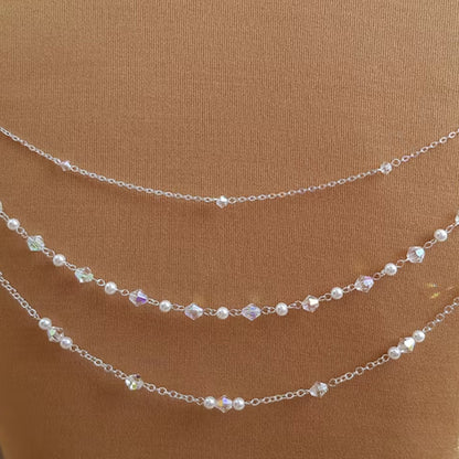 Silver Alloy Body Chain For Women Featuring Pearl Pattern And Electroplated Finish With White Crystal Inlay