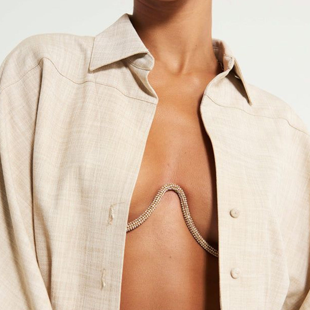 Silver Body Chain For Women Featuring Lightning Pattern With White Crystal Rhinestones, Perfect Wedding Chest Accessory