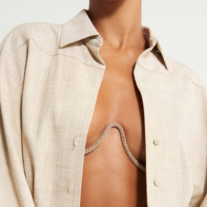 Silver Body Chain For Women Featuring Lightning Pattern With White Crystal Rhinestones, Perfect Wedding Chest Accessory