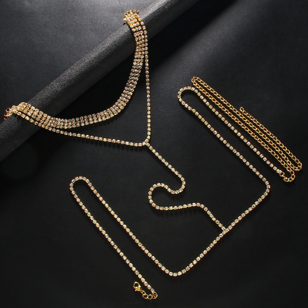 Silver Alloy Body Chain For Women In Simple Style Featuring Geometric Pattern With White Crystal Inlay And Electroplated Finish