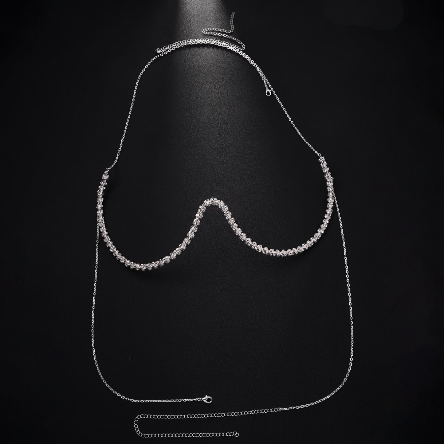 Silver Body Chain For Women Featuring Lightning Pattern With White Crystal Rhinestones, Perfect Wedding Chest Accessory