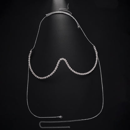 Silver Body Chain For Women Featuring Lightning Pattern With White Crystal Rhinestones, Perfect Wedding Chest Accessory