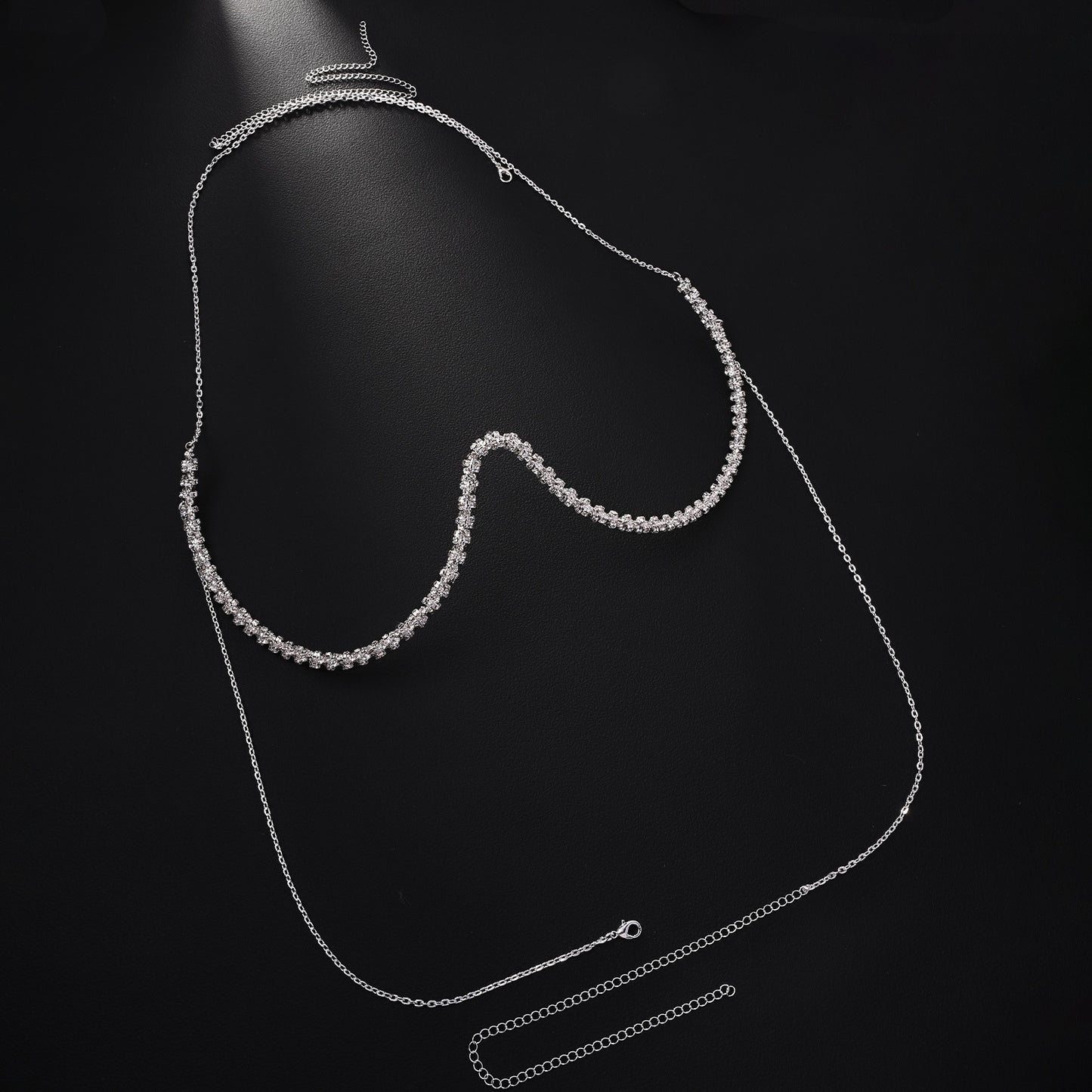 Silver Body Chain For Women Featuring Lightning Pattern With White Crystal Rhinestones, Perfect Wedding Chest Accessory