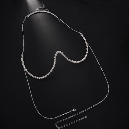 Silver Body Chain For Women Featuring Lightning Pattern With White Crystal Rhinestones, Perfect Wedding Chest Accessory