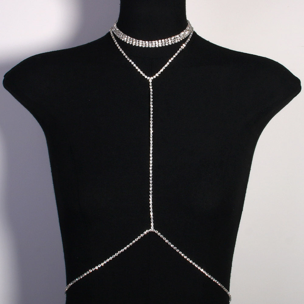 Silver Alloy Body Chain For Women In Simple Style Featuring Geometric Pattern With White Crystal Inlay And Electroplated Finish