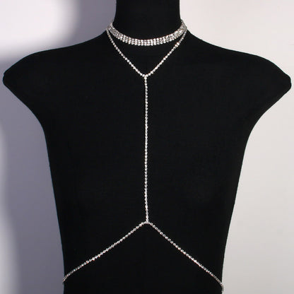 Silver Alloy Body Chain For Women In Simple Style Featuring Geometric Pattern With White Crystal Inlay And Electroplated Finish