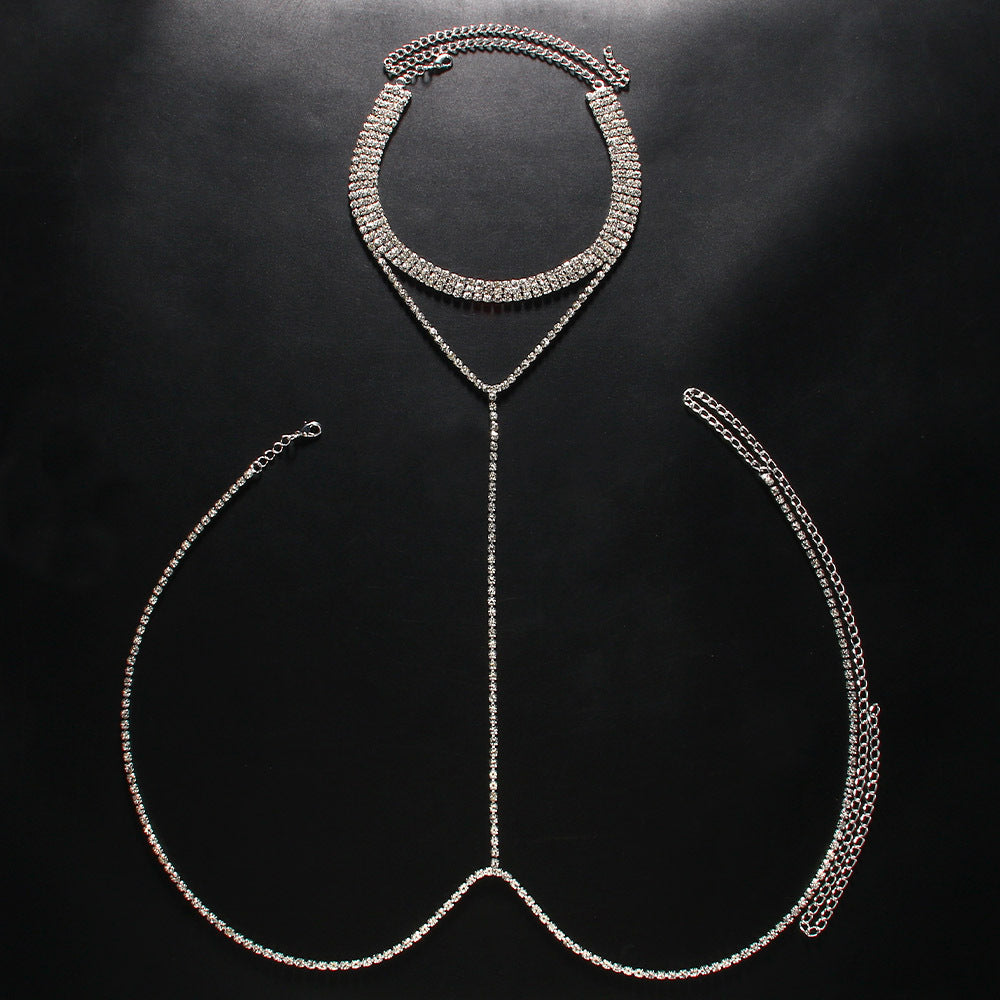 Silver Alloy Body Chain For Women In Simple Style Featuring Geometric Pattern With White Crystal Inlay And Electroplated Finish