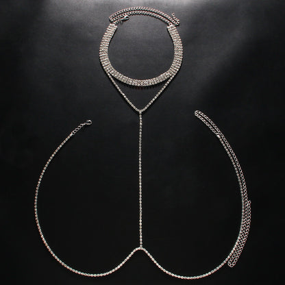 Silver Alloy Body Chain For Women In Simple Style Featuring Geometric Pattern With White Crystal Inlay And Electroplated Finish