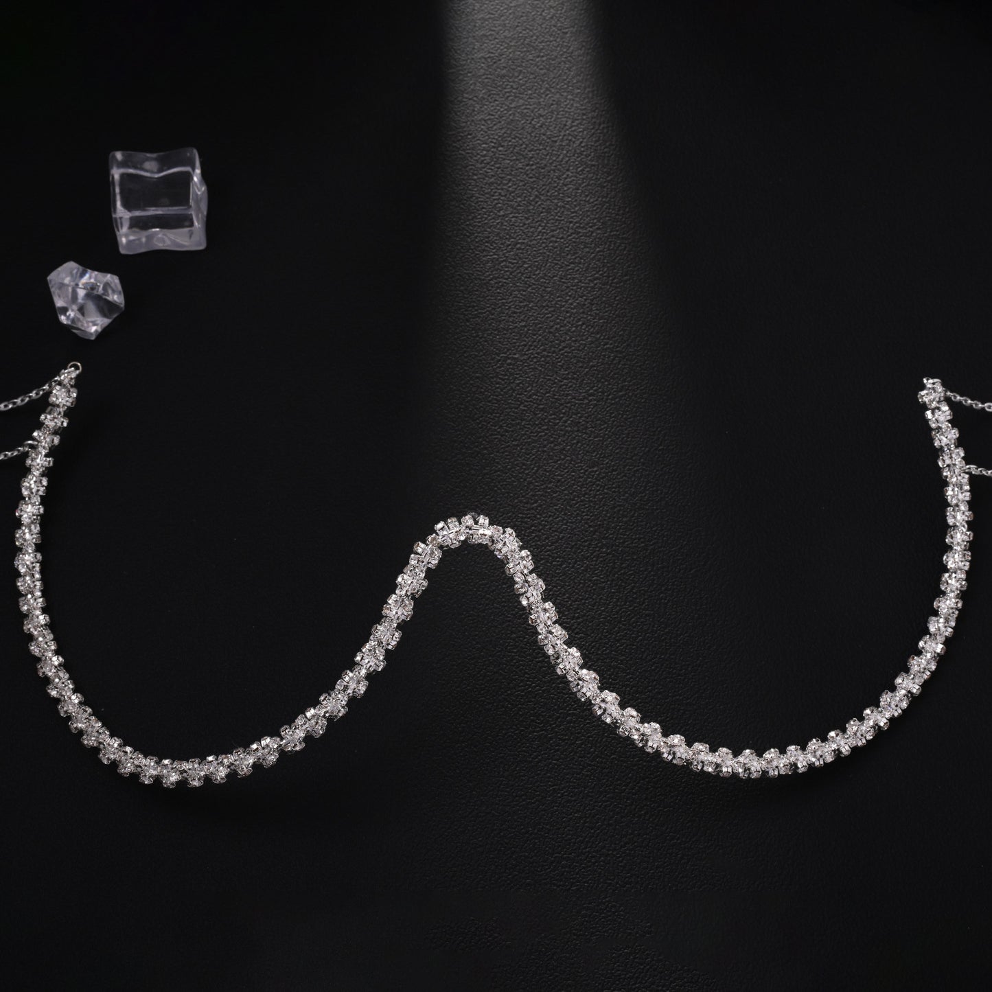Silver Body Chain For Women Featuring Lightning Pattern With White Crystal Rhinestones, Perfect Wedding Chest Accessory