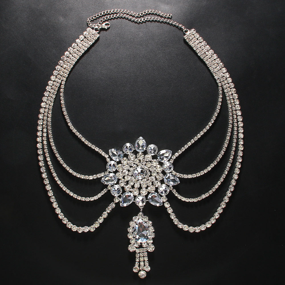 Vintage Style Silver Alloy Pendant Necklace For Women Featuring Flowers Pattern And Rhinestone Inlay With Tassel Craft