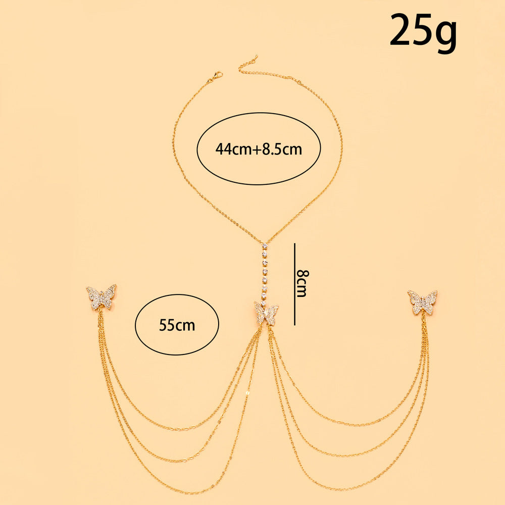 Silver Alloy Body Chain For Women With Butterfly Pattern And Electroplated Finish, Featuring Rhinestones