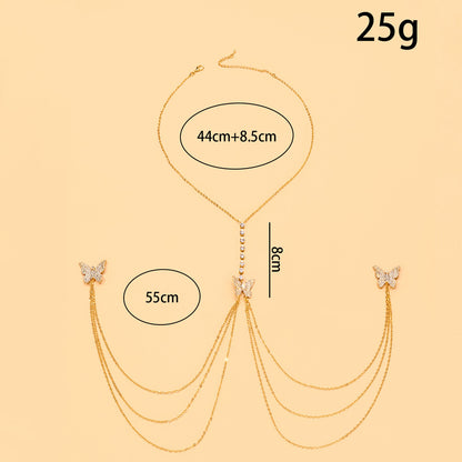 Silver Alloy Body Chain For Women With Butterfly Pattern And Electroplated Finish, Featuring Rhinestones