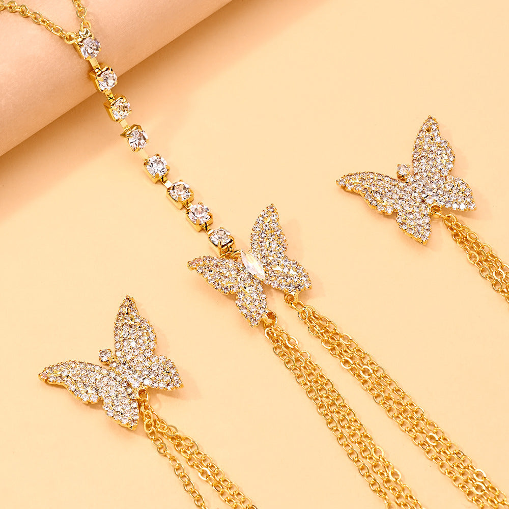 Silver Alloy Body Chain For Women With Butterfly Pattern And Electroplated Finish, Featuring Rhinestones