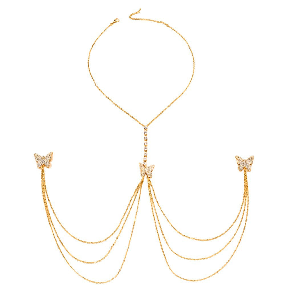 Silver Alloy Body Chain For Women With Butterfly Pattern And Electroplated Finish, Featuring Rhinestones