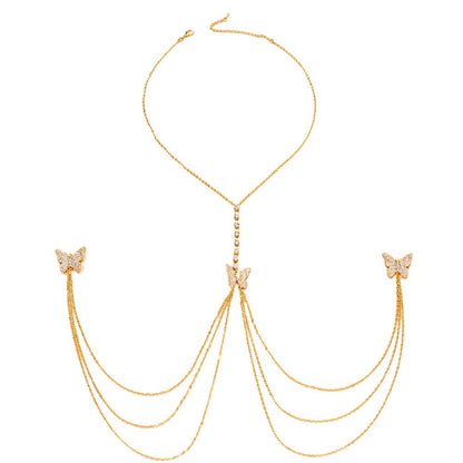 Silver Alloy Body Chain For Women With Butterfly Pattern And Electroplated Finish, Featuring Rhinestones