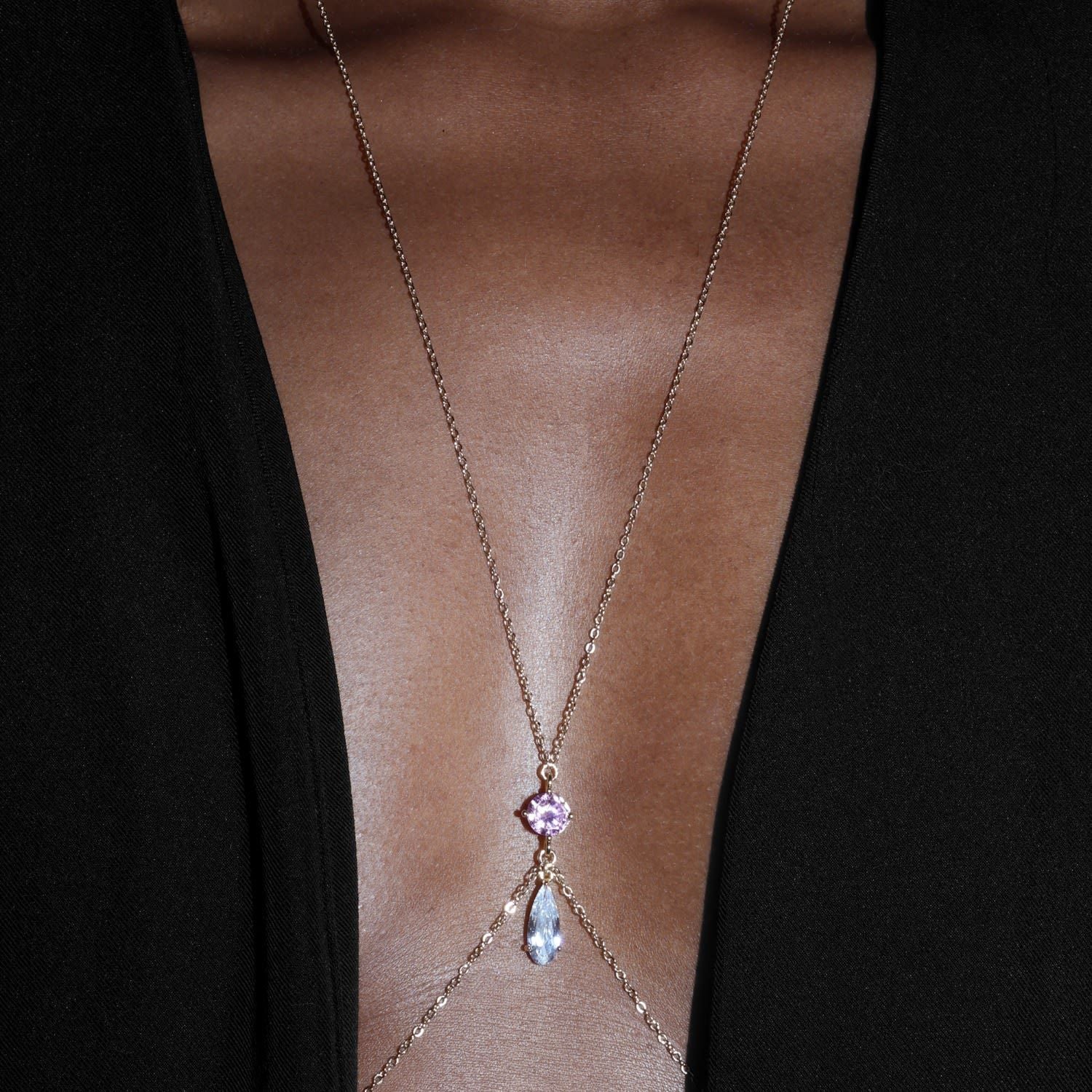 Gold Alloy Body Chain For Women Featuring Water Droplets Pattern With White Crystal Inlay, Perfect For Nightclub Wear