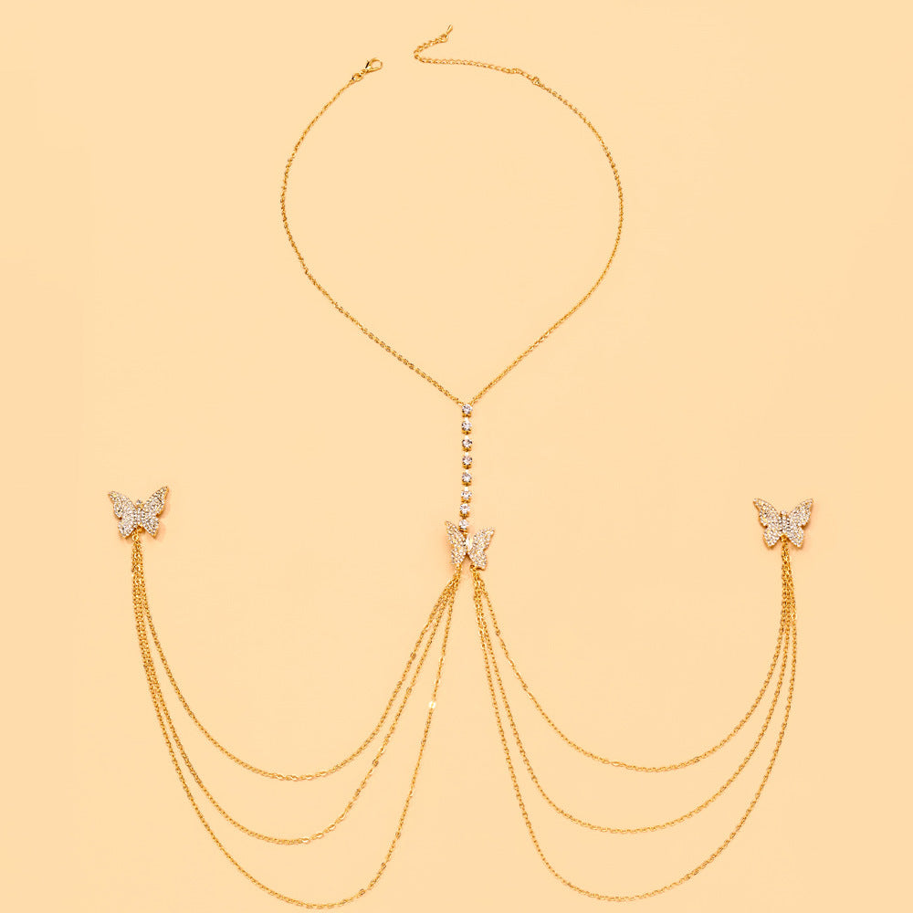 Silver Alloy Body Chain For Women With Butterfly Pattern And Electroplated Finish, Featuring Rhinestones