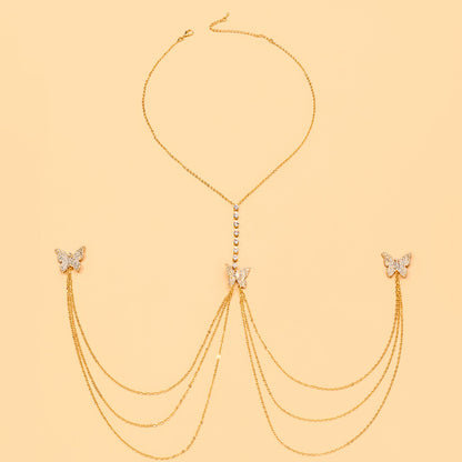 Silver Alloy Body Chain For Women With Butterfly Pattern And Electroplated Finish, Featuring Rhinestones