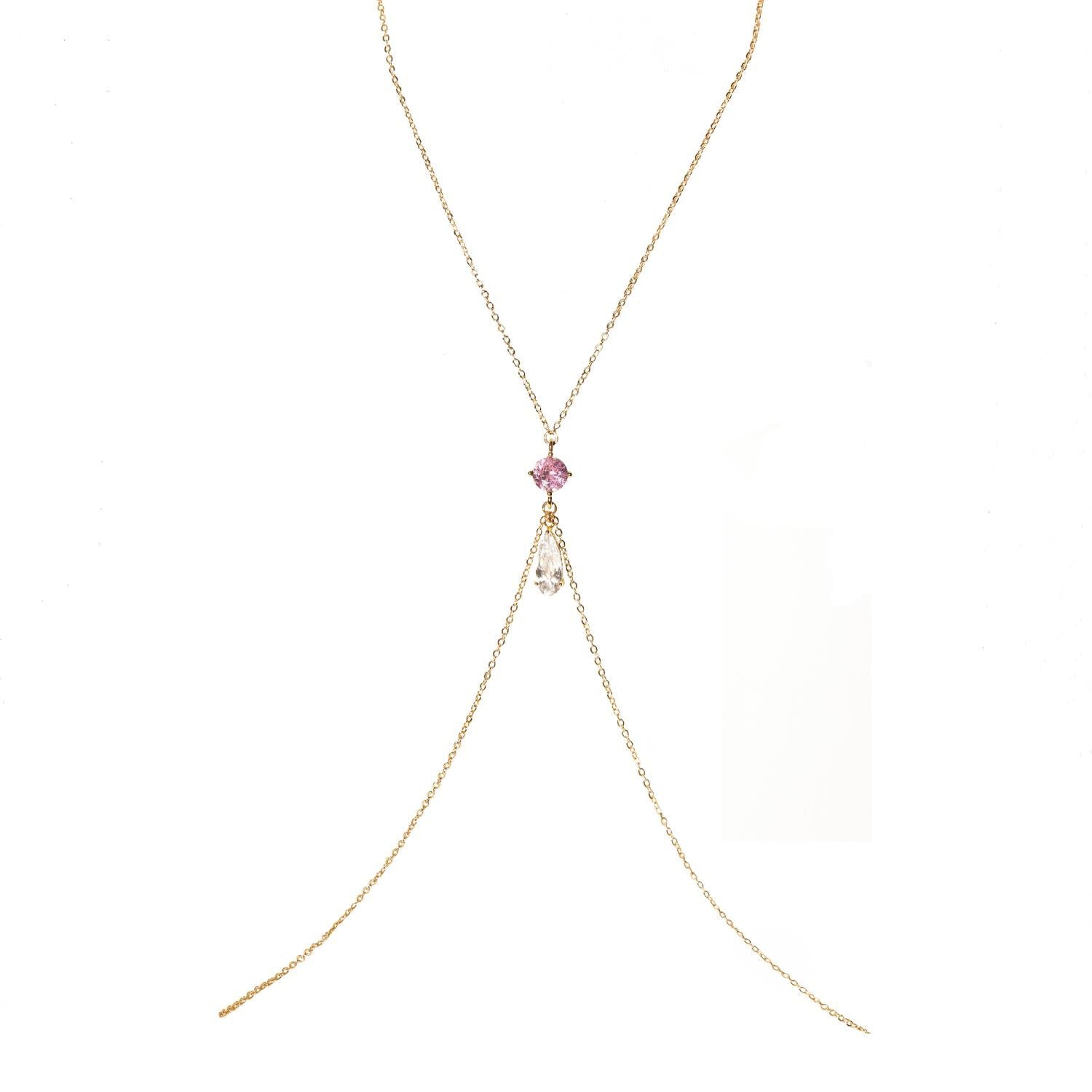 Gold Alloy Body Chain For Women Featuring Water Droplets Pattern With White Crystal Inlay, Perfect For Nightclub Wear