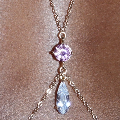 Gold Alloy Body Chain For Women Featuring Water Droplets Pattern With White Crystal Inlay, Perfect For Nightclub Wear
