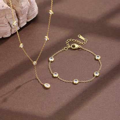 Round Waterproof Non Tarnish Titanium Steel Necklace With Rhinestones Pendant On Cable Chain For Women