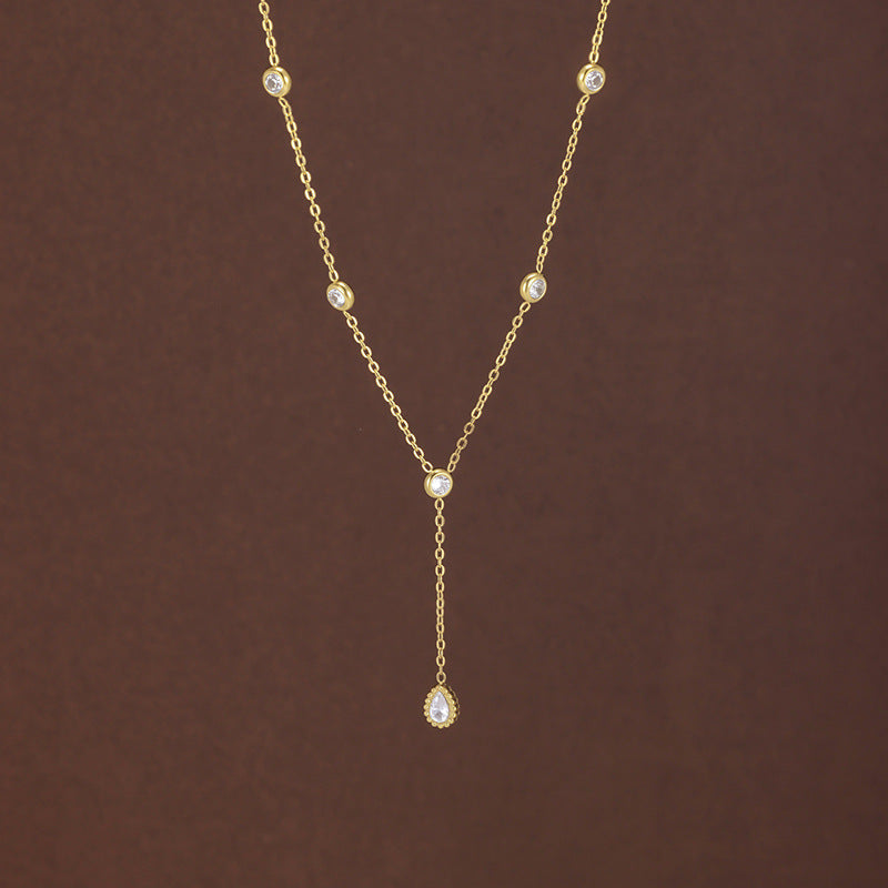 Round Waterproof Non Tarnish Titanium Steel Necklace With Rhinestones Pendant On Cable Chain For Women