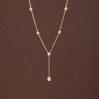 Round Waterproof Non Tarnish Titanium Steel Necklace With Rhinestones Pendant On Cable Chain For Women
