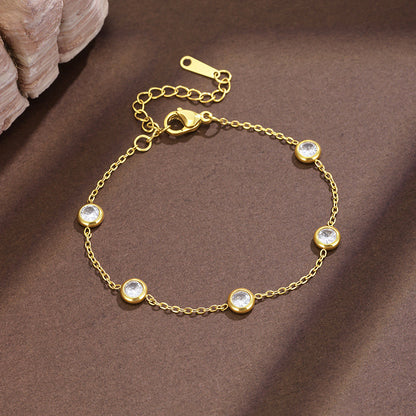 Round Waterproof Non Tarnish Titanium Steel Necklace With Rhinestones Pendant On Cable Chain For Women