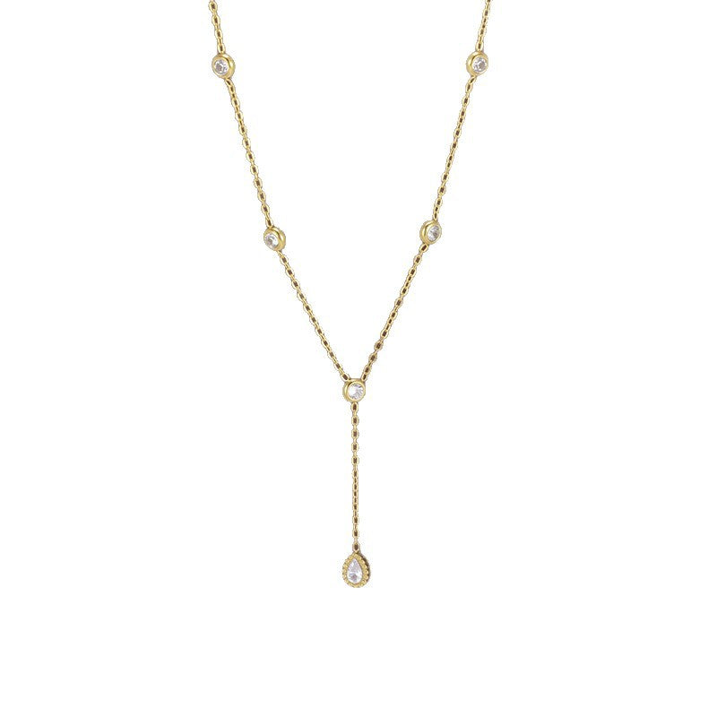 Round Waterproof Non Tarnish Titanium Steel Necklace With Rhinestones Pendant On Cable Chain For Women
