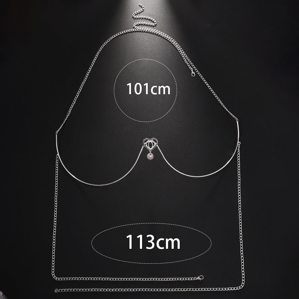 Silver Alloy Body Chain For Women Featuring Heart Shape Pattern With White Crystal Inlay And Electroplated Finish