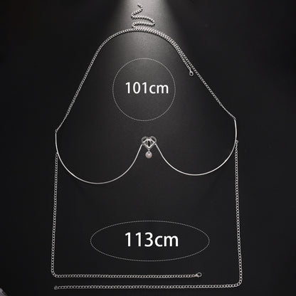 Silver Alloy Body Chain For Women Featuring Heart Shape Pattern With White Crystal Inlay And Electroplated Finish