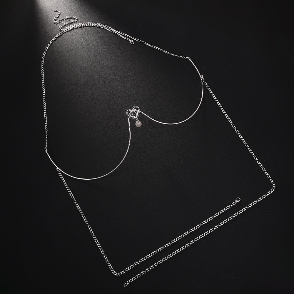 Silver Alloy Body Chain For Women Featuring Heart Shape Pattern With White Crystal Inlay And Electroplated Finish