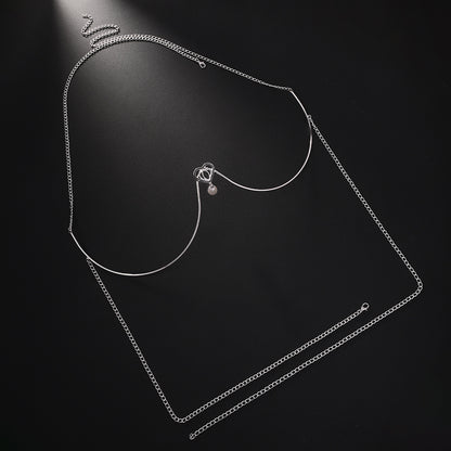 Silver Alloy Body Chain For Women Featuring Heart Shape Pattern With White Crystal Inlay And Electroplated Finish